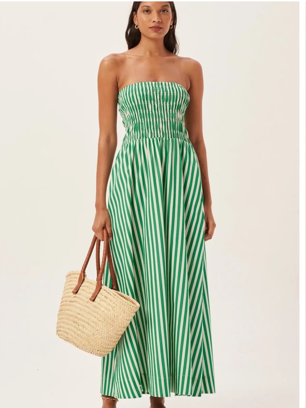 Green + White Stripe Strapless Midi Dress